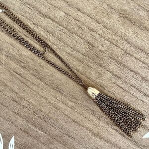 Two Layer Cable Chain Layered Necklace Tassel Pendant Antique Gold Tone 30in